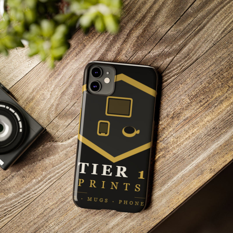 Slim Phone Case — Black & Gold Tier 1 Prints Logo Design