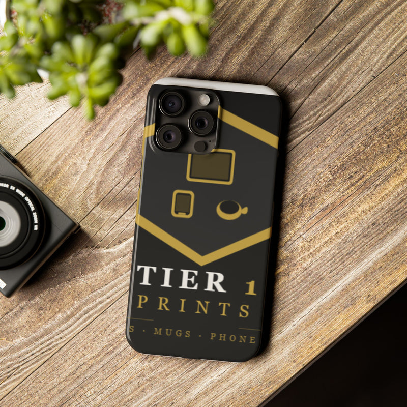 Slim Phone Case — Black & Gold Tier 1 Prints Logo Design