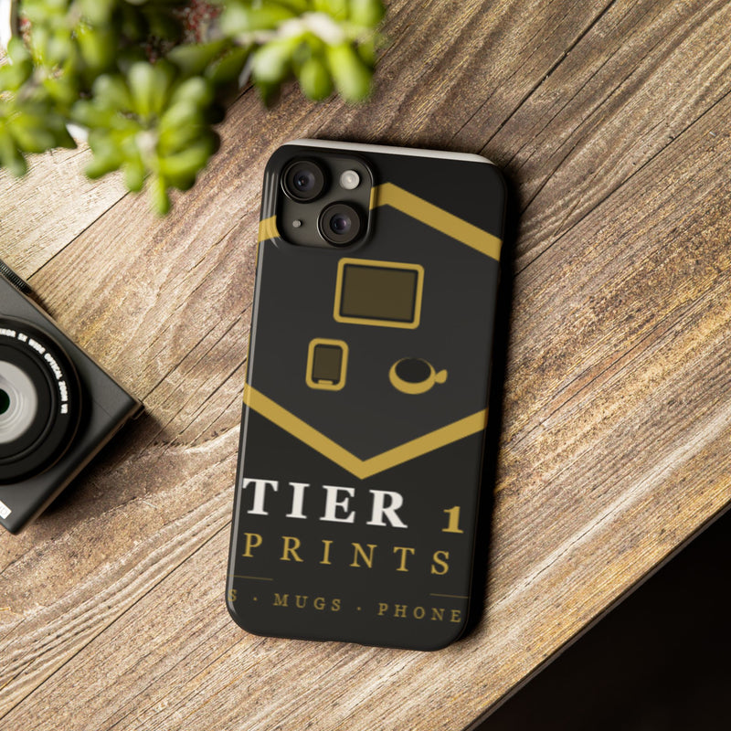 Slim Phone Case — Black & Gold Tier 1 Prints Logo Design