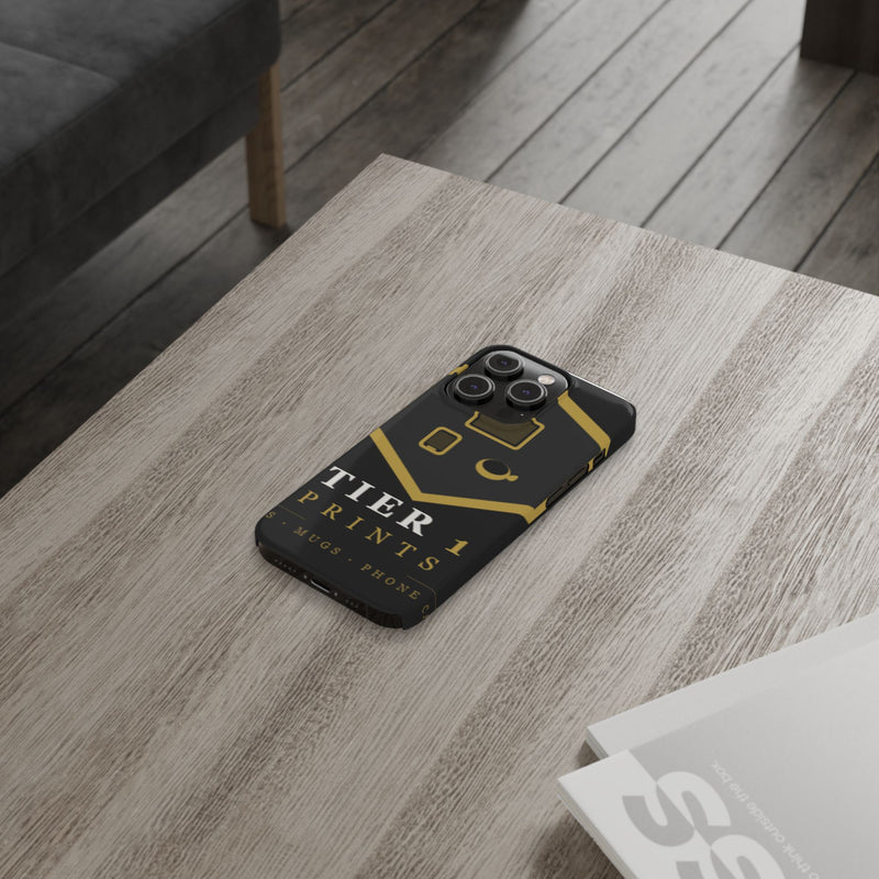 Slim Phone Case — Black & Gold Tier 1 Prints Logo Design