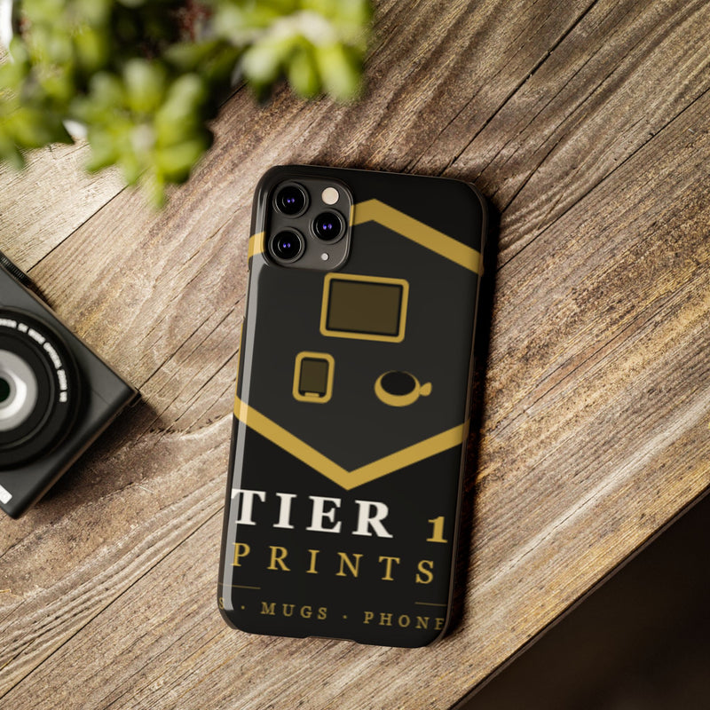 Slim Phone Case — Black & Gold Tier 1 Prints Logo Design