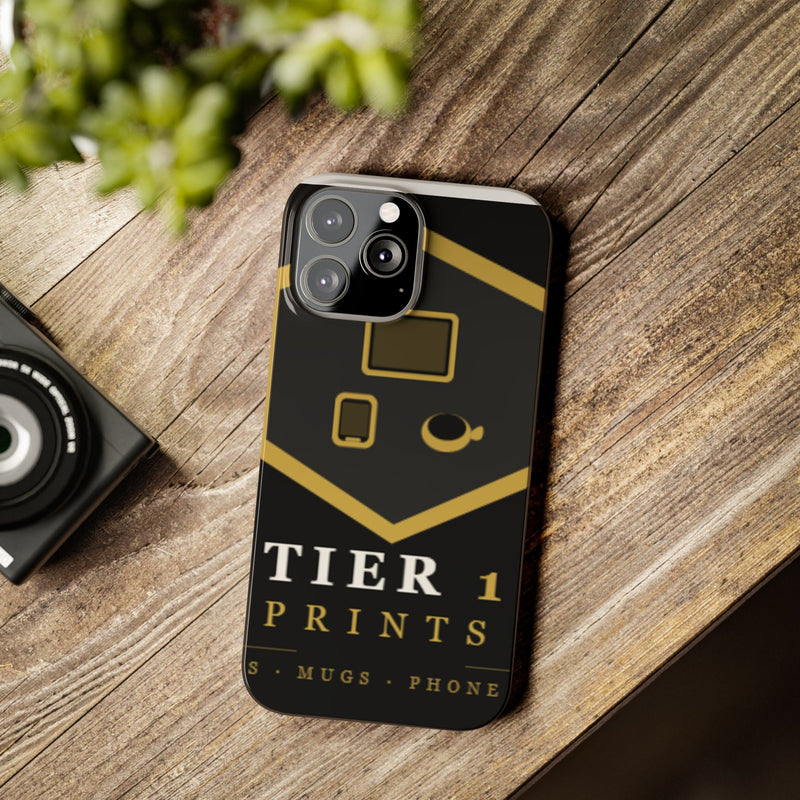 Slim Phone Case — Black & Gold Tier 1 Prints Logo Design