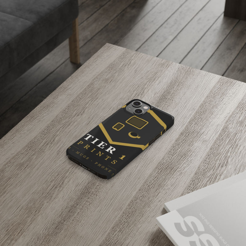 Slim Phone Case — Black & Gold Tier 1 Prints Logo Design