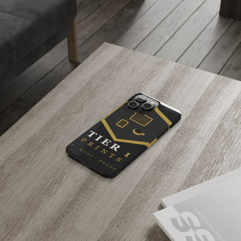 Slim Phone Case — Black & Gold Tier 1 Prints Logo Design