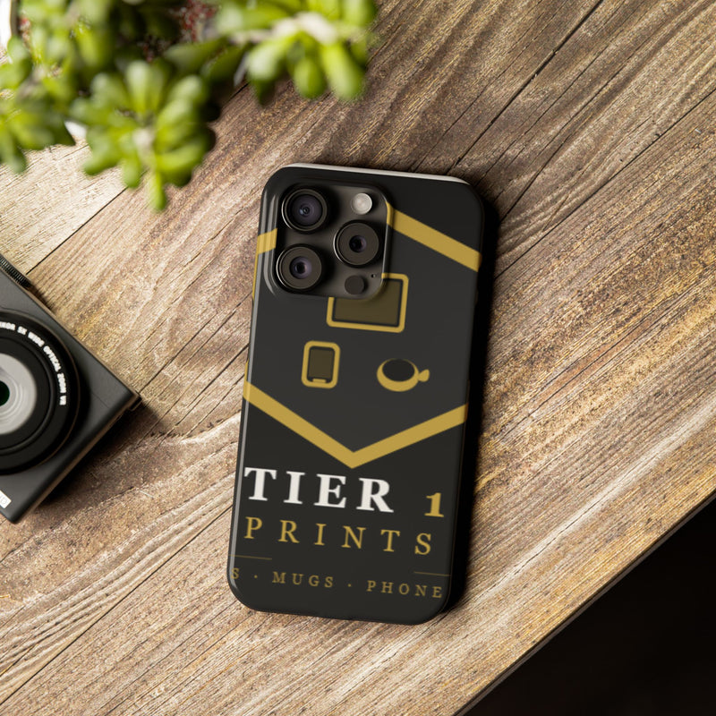 Slim Phone Case — Black & Gold Tier 1 Prints Logo Design