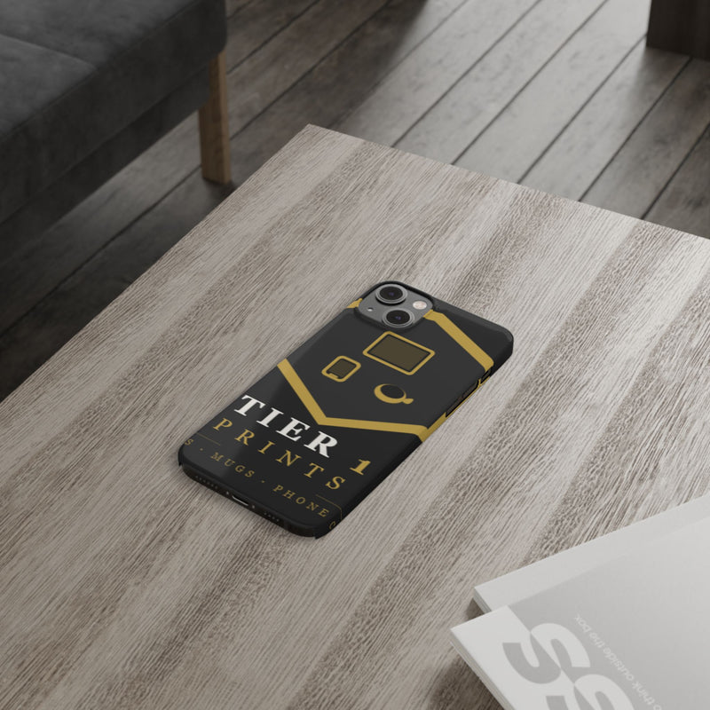 Slim Phone Case — Black & Gold Tier 1 Prints Logo Design